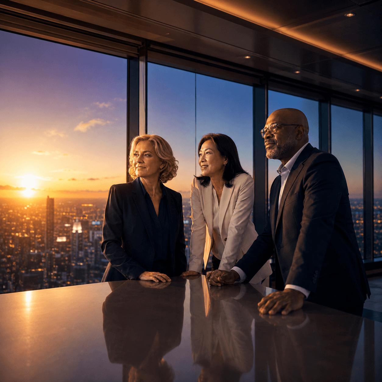 Three senior executives looking across a city skyline from a boardroom at sunset