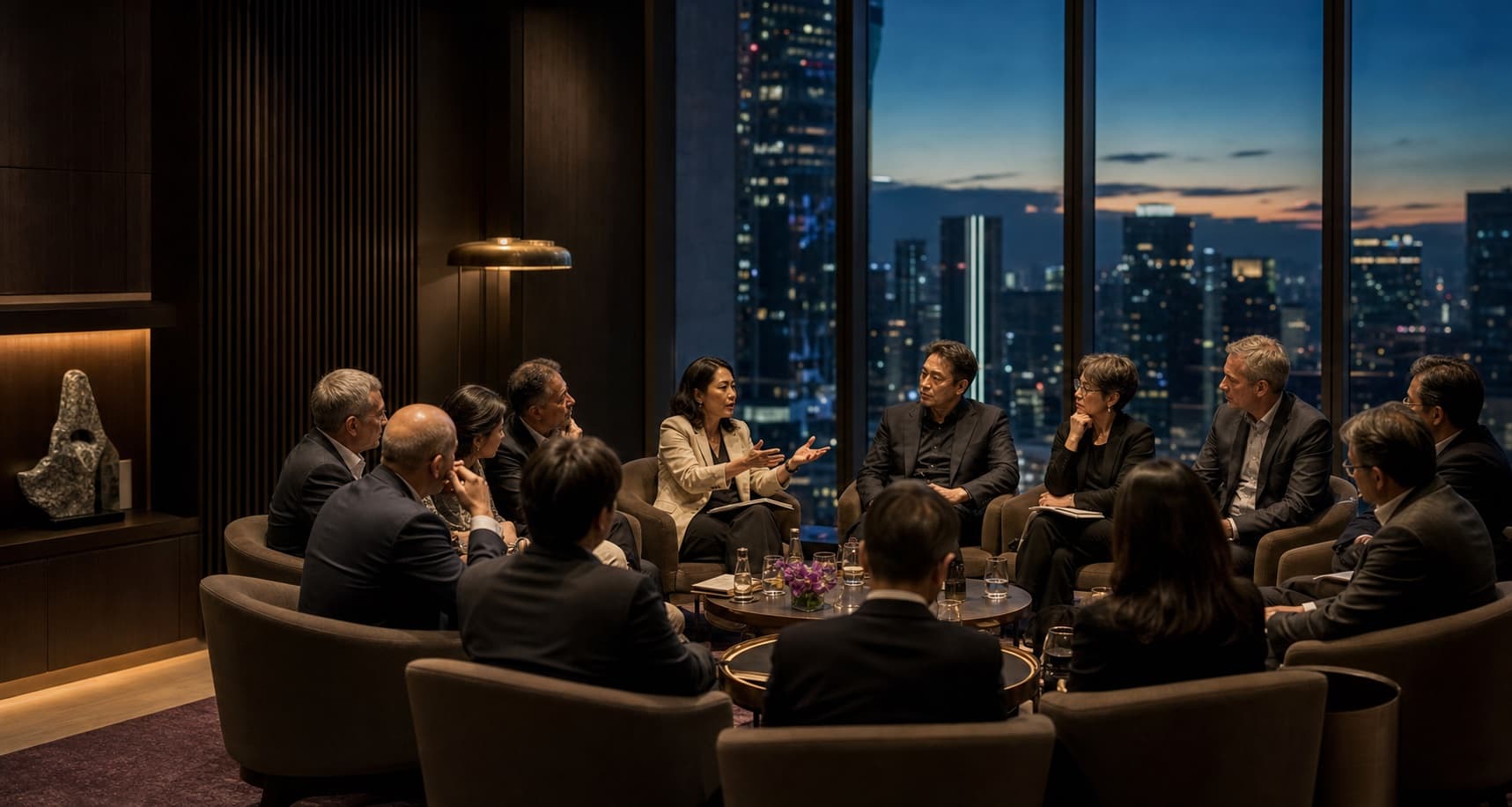 Illustrative view of an intimate, discussion-led executive salon in an Asian business city